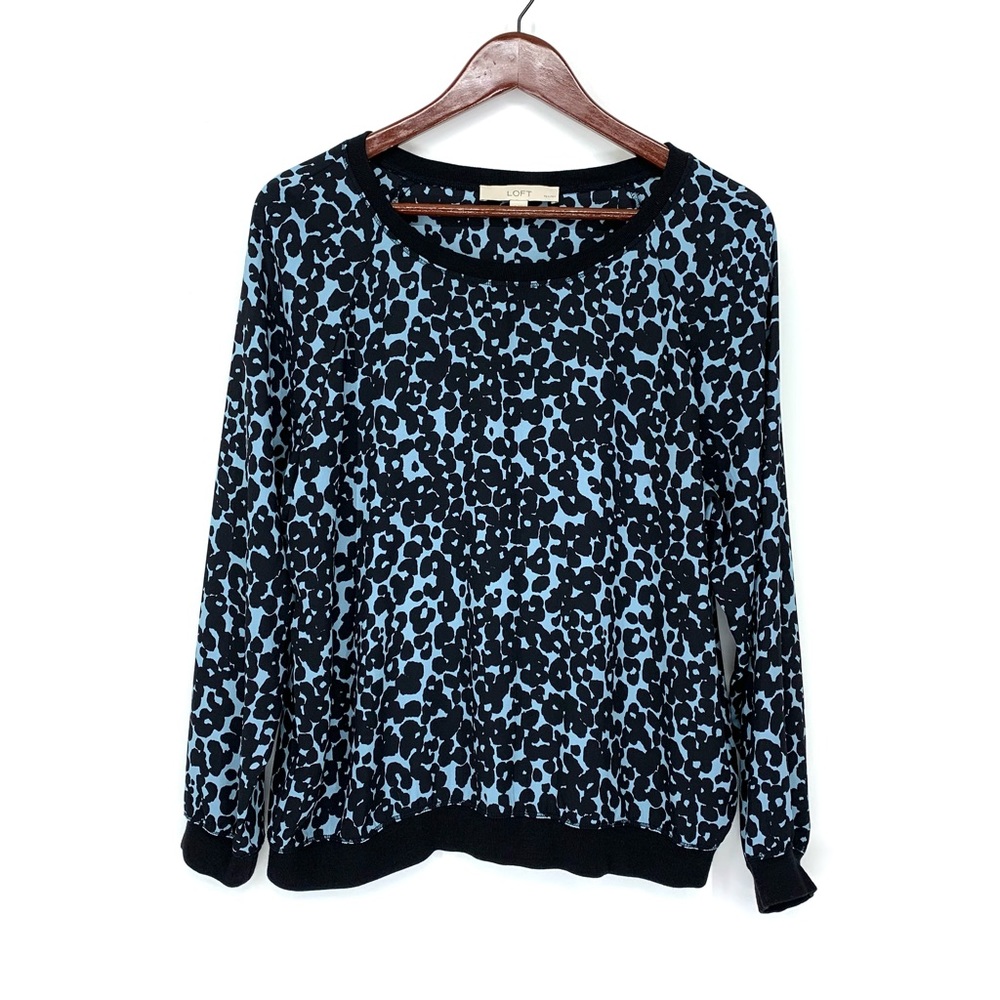 Ann Taylor Loft Blue & Black Leopard Print Long Sleeve Blouse Petite Crewneck